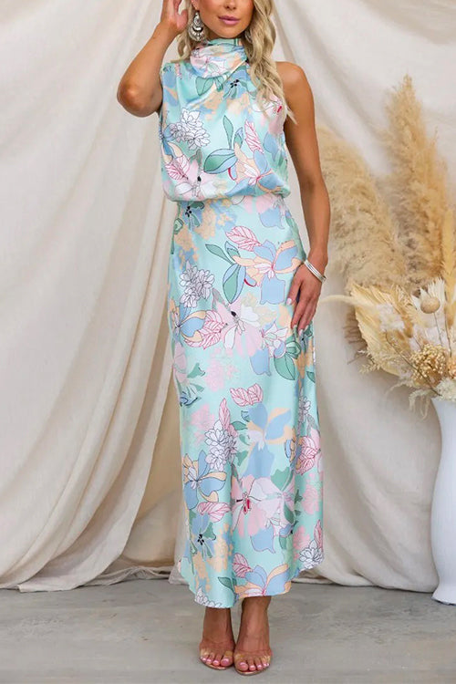 Maxime™ - Regular Tie Neck Waisted Floral Printed Maxi Satin Dress